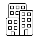 Icon of a cluster of three overlapping, black-outlined multi-story buildings, representing a company facilities.