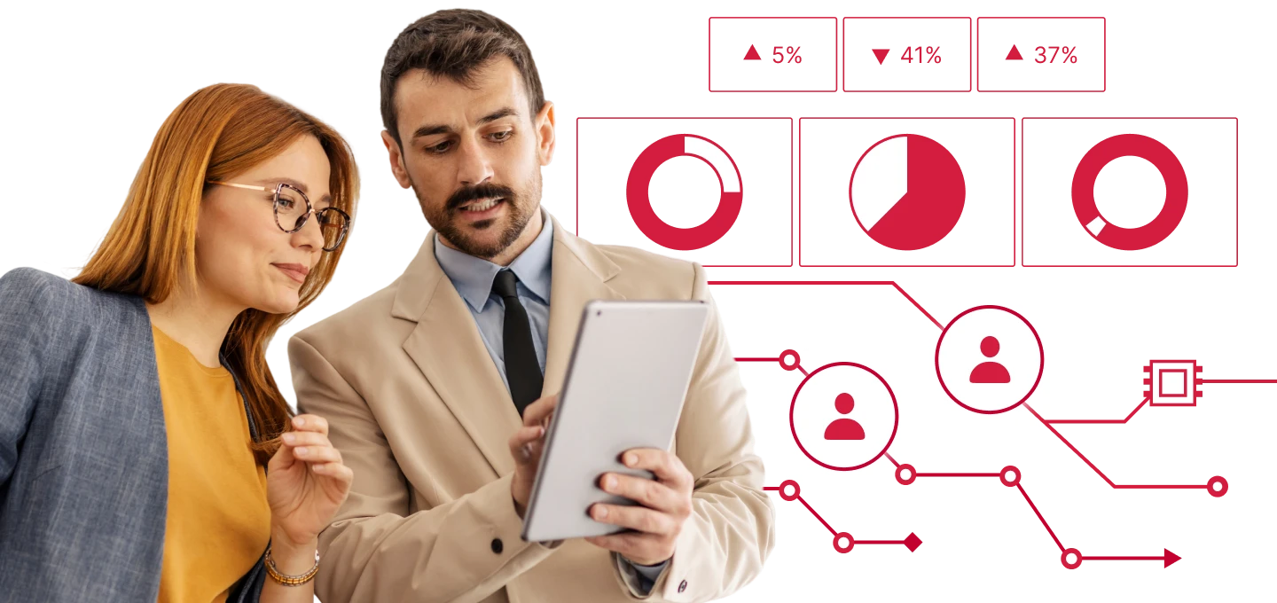 Two professionals analyzing tablet data with digital charts and user engagement metrics.