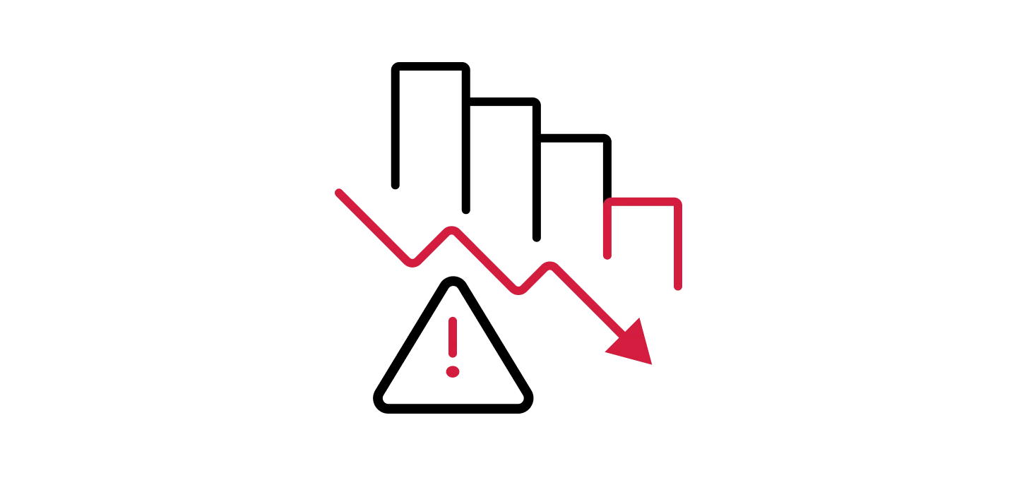 Icon representing minimized downtime or reduced risk, showing a line graph trending sharply downward.