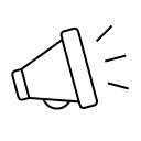 Icon of a black-outlined megaphone or loudspeaker with sound waves radiating from the wide end, representing announcement, promotion, communication, or Marketing efforts.